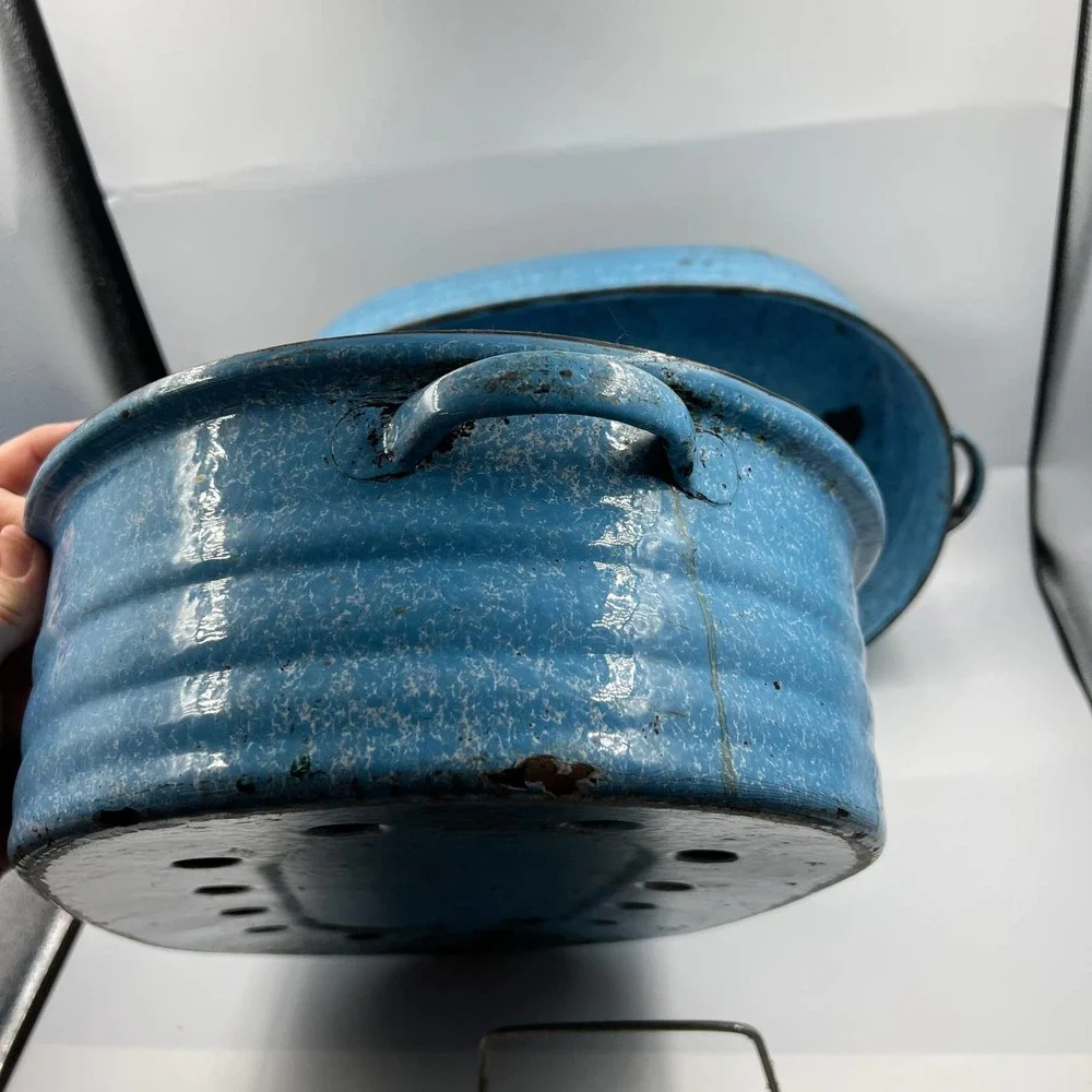 Antique Turquoise Cornflower Blue Large Roaster Rack Enamelware On Steel 4 Piece